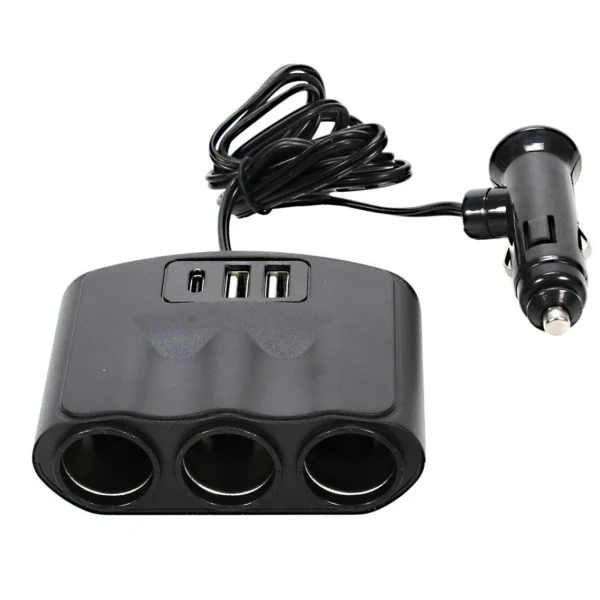 cargador-auto-triple-cigarrera Cargador Multicargador Auto USB Smart IC 3 Sockets Tipo C - Negro