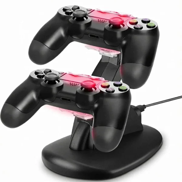 dock-recarga-rapida-gamepad-ps4-luz-roja-cargando Cargador de Mandos PS4 PRO SLIM Soporte Doble HB-P4002B - Negro