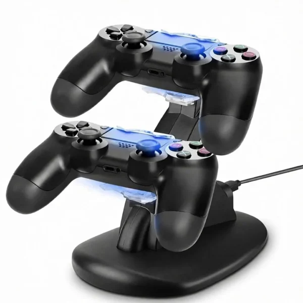 soporte-alimentacion-dualshock-4-luces-led-azul-completo Cargador de Mandos PS4 PRO SLIM Soporte Doble HB-P4002B - Negro