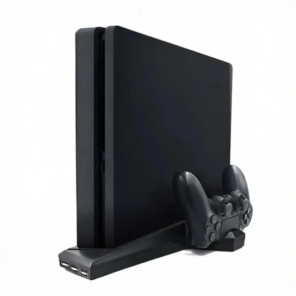 stand-organizador-ventiladores-consola-playstation-4-slim Soporte Base Vertical 4 en 1 con Cooler y Cargador PS4 Fat y Slim HB-P4005 - Negro