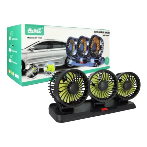 ventilador-carro-silencioso-3-velocidades-empaque Ventilador Triple Cabezal 360° Para Auto 12V Baihuo City MY-7158 - Negro