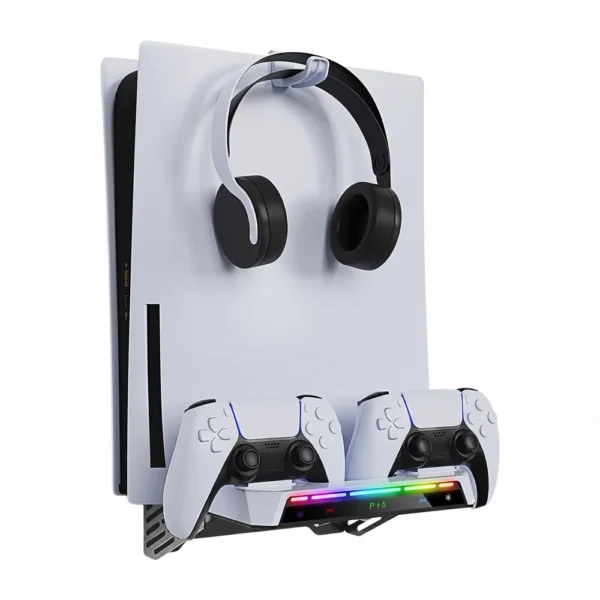 base-carga-dual-ps5-montaje-pared-auriculares Rack y Soporte de Montaje en Pared Cargador PS5 RGB YZC-505 - Blanco