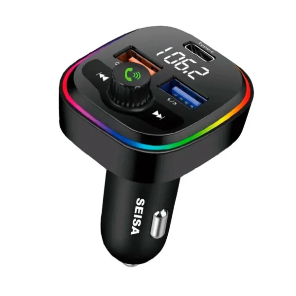 transmisor-bluetooth-auto-rgb-carga-rapida-20w-seisa Transmisor Adaptador Bluetooth Auto 20W Tipo C y 2 USB Carga Rápida - Negro