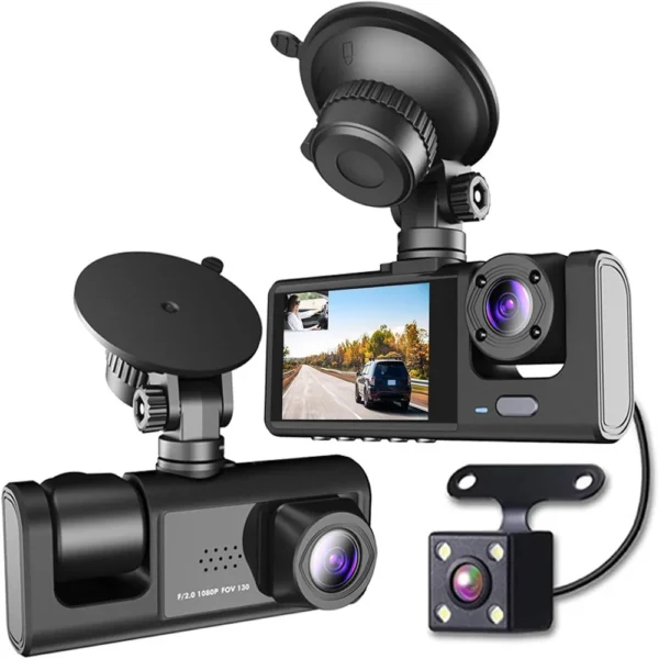Cámara Dash Cam Triple para Auto 1080P con Visión Nocturna y Sensor G - Negro