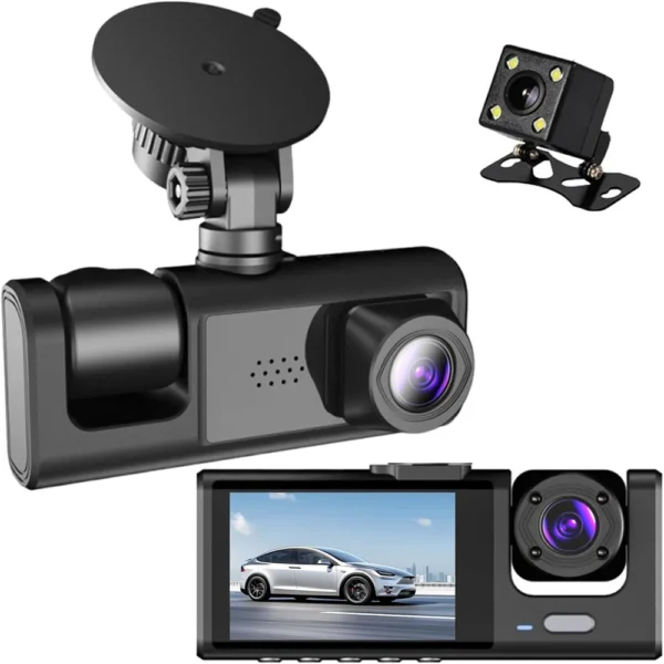 Cámara Dash Cam Triple para Auto 1080P con Visión Nocturna y Sensor G - Negro