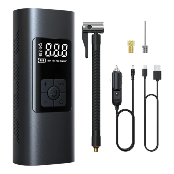 compresora-digital-pantalla-lcd-power-bank-linterna-led Mini Compresor De Aire Inflador Portátil 150 PSI Seisa AF-C04 - Negro