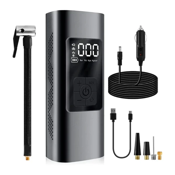inflador-llantas-inalambrico-auto-moto-bateria-2000mah Mini Compresor De Aire Inflador Portátil 150 PSI Seisa AF-C04 - Negro