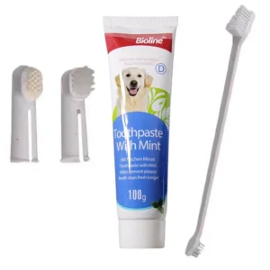 Kit de Cuidado Dental para Perros Bioline con Pasta y 3 Cepillos - Blanco